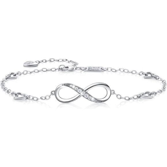 Billie Bijoux Sterling Silver Infinity Anklet Adjustable Love Charm Bracelet - Picture 1 of 7